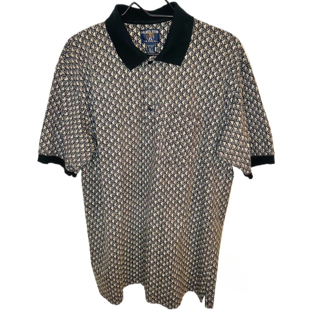 Vintage Men's Geometric Salmon River Traders Polo size Large Golf Tee